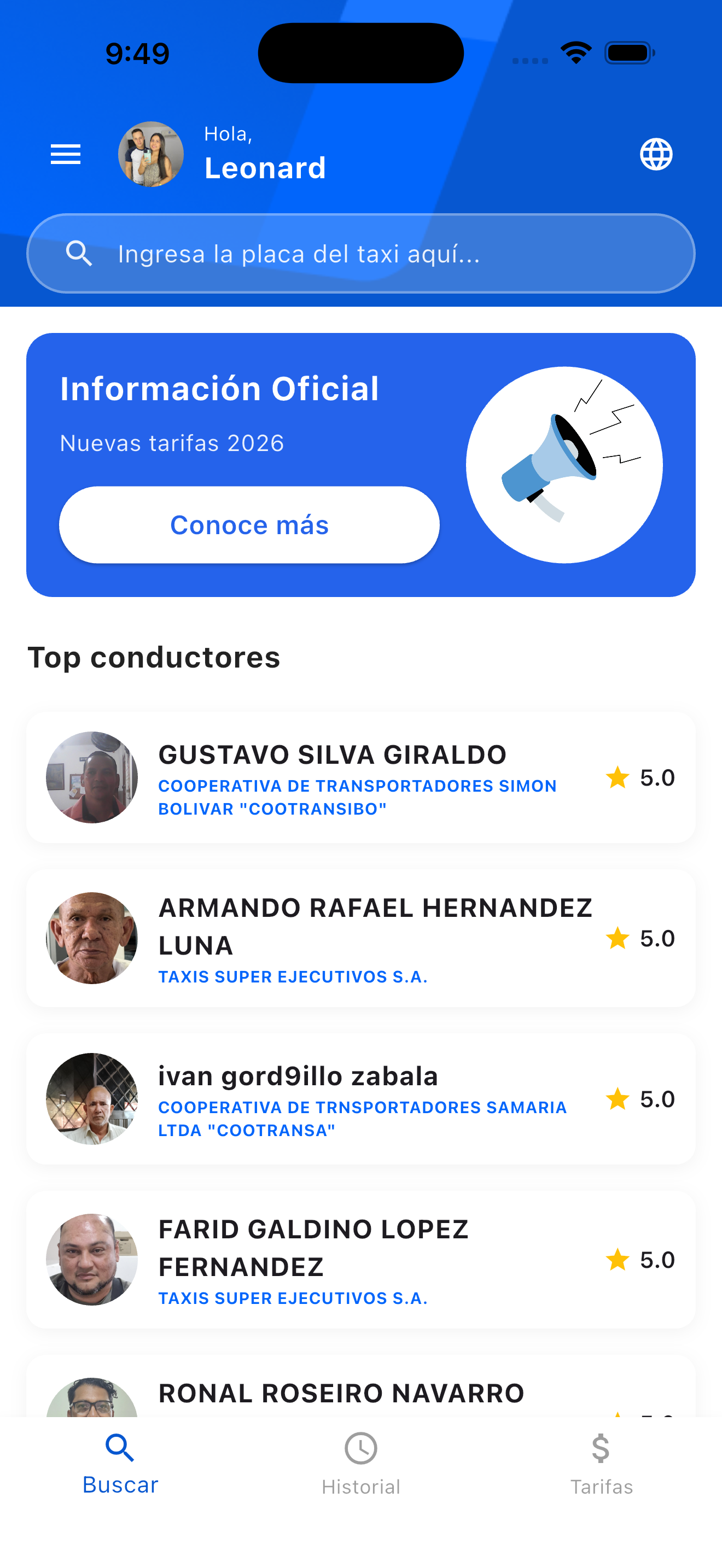 Vista de la app Taxi Samarío